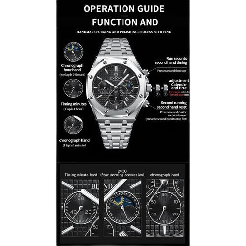 Fashion montre multifonction haut de gamme pour hommes argent noir