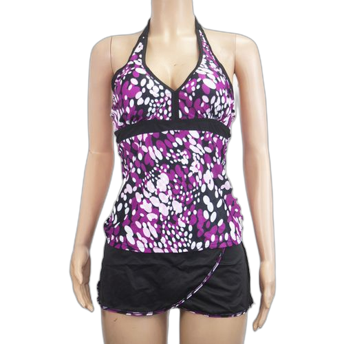 Maillot de bain deux pieces polyester noir imprimé rose blanc