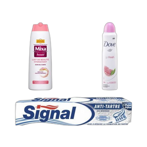Mixa lait beauté250ml dove déo grenade 200ml signal antitartre 75 ml