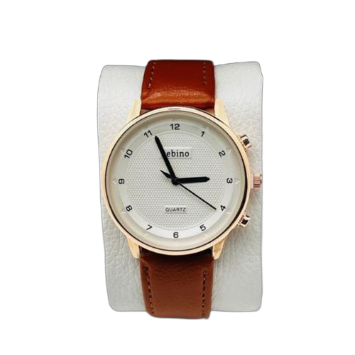 Montre bracelet homme simili cuir marron cadran doré.