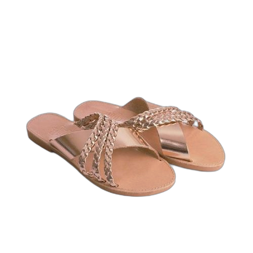 Mules plates tressé en simili cuir champagne (fabrication locale)