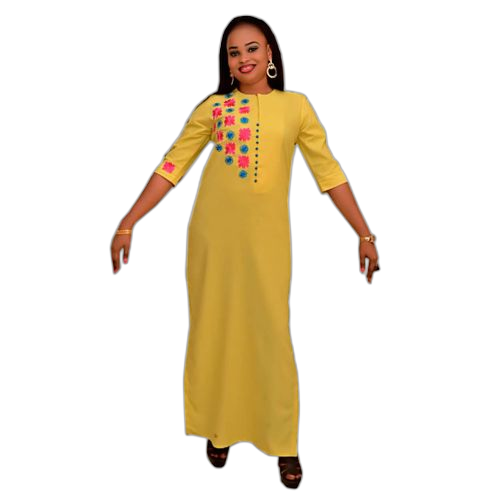 Robe caftan femme en lin jaune avec broderie rose et bleu