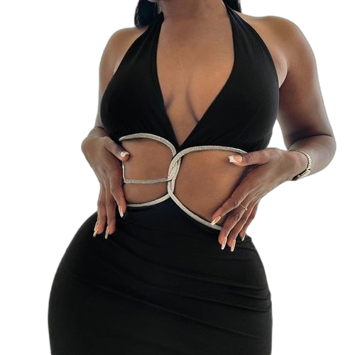 Robe longue ajourée col v et dos nu pour femme noir