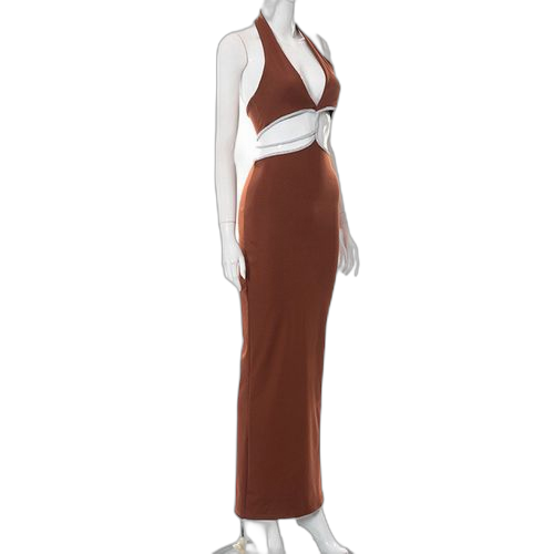 Robe longue ajourée col v et dos nu pour femme marron