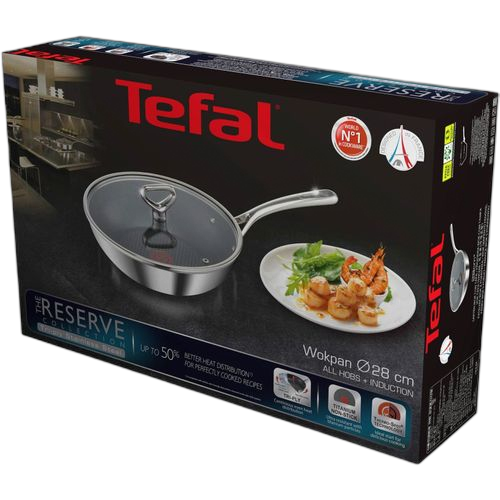 Tefal poêle wok inox 28 cm + couvercle, tous feux dont induction, gris