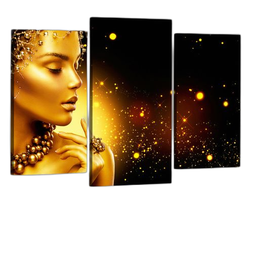 White label tableau 3 pièces visage femme noir doré130 x 80 cm