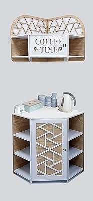 Coin café à deux niveaux en blanc et bois avec étagères de présentation et une armoire. DIAYTAR SENEGAL  est votre allié pour des achats discount de qualité. Explorez notre boutique en ligne et découvrez notre gamme complète de produits pour la maison, l'électroménager, l'informatique, la mode et les gadgets, le tout à des prix avantageux qui ne sacrifient pas la qualité.