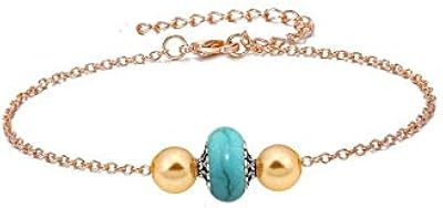 Bracelet femme forme chaîne plaqué or parsemé de perles turquoise et dorées