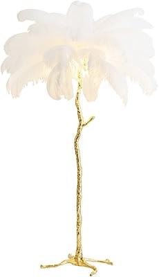 Lampadaire design en poils d'autruche naturels blancs du nord, 1,7 mètres, avec interrupteur