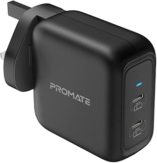 Chargeur promate gan usb type-c, puissant chargeur pour ordinateur portable double usb-c 90