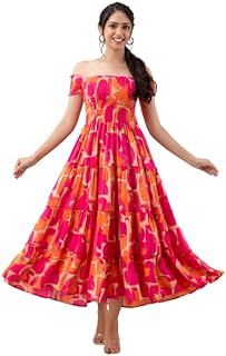 Robe smockée maxi/midi en rayonne imprimée rose et orange à épaules dénudées