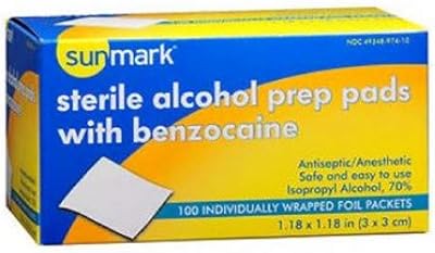 Tampons de préparation d'alcool stériles sunmark, avec benzocaïne - 100 tampons, paquet