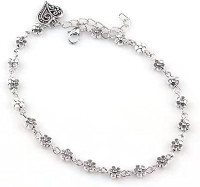 Bracelet de cheville et chaîne de perles en argent tibétain avec fleur