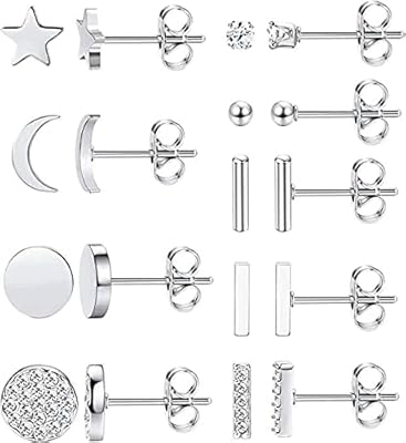 Orte 9 paires de petites boucles d'oreilles à tige en acier inoxydable pour femmes et hommes, barre en cz, boule, étoile, lune, joli cartilage, petit ensemble de clous géométriques hypoallergéniques, argent, or, argent. Diaytar : L'intelligence commerciale au service du client