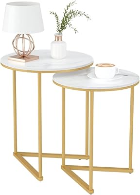 Table circulaire gigogne en marbre blanc : ensemble de 2 pièces