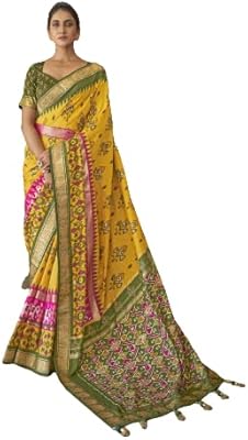 Sari en soie jaune pour femme avec chemisier non cousu marron