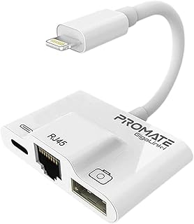 Adaptateur réseau ethernet filaire promate gigalink i-white 3-en-1 avec port ethernet rj45 et