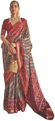 Sari doux en soie patola gris et rouge pour femme avec chemisier