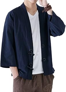 Cardigan kimono ample japonais en coton et lin pour hommes, manches 3/4 ouvert