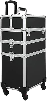 Grande trousse de maquillage professionnelle de voyage portable à roulettes, noire, 3 couches