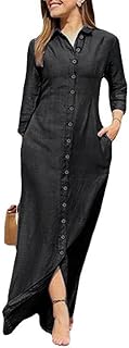 Robe longue décontractée en jean à manches longues, fente latérale et boutons