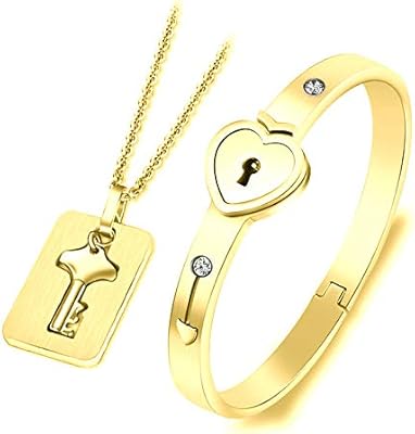 Parure de bijoux en acier inoxydable en forme de cœur avec cadenas comprenant