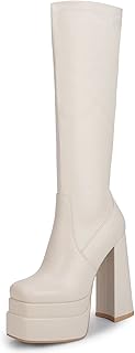 Bottes hautes empilées pour femmes avec bout carré et fermeture éclair latérale extensible