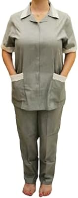 Uniforme rayé fin deux pièces pour femme de chambre rose, bleu et gris
