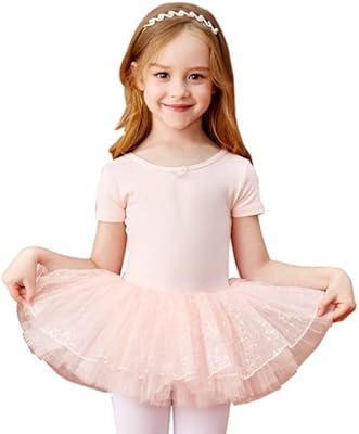 Costume de danse tutu pailleté à manches courtes javist pour petites filles, rose