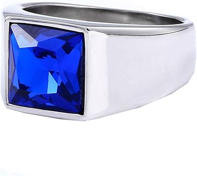 Bague homme carrée en acier inoxydable avec pierres précieuses, finition polie, métal, zircon