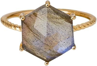 Bague solitaire labradorite 10x10 mm en or 14 carats sur argent 925