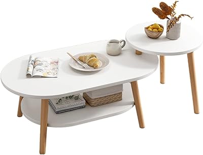 Hcozme table basse de salon, table d'appoint ovale gigogne réglable en bois, table