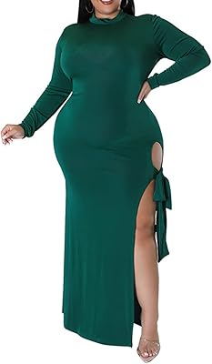 Robe grande taille pour femmes, manches longues, fente haute, moulante, robes longues