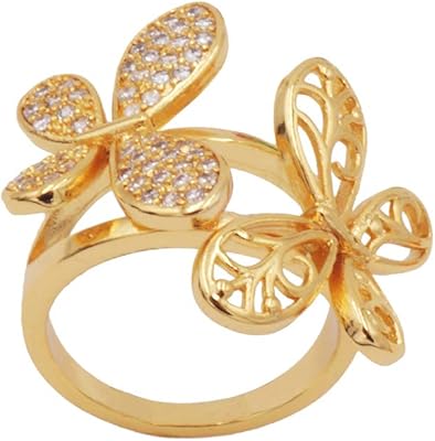 Bagues doubles papillon en or 18 carats avec zircons cubiques pour femmes