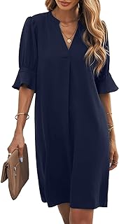 Robe courte d'été unie élégante pour femmes, col en v, manches mi-longues, décontractée