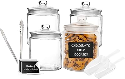Pescador 4 bocaux de cuisine en verre, récipients de stockage d'aliments et de biscuits pour garde-manger, boîtes de salle de bain, couvercles hermétiques, lavables au lave-vaisselle, avec craies, pelles, pinces et étiquettes (4 unités - 1760 ml). Diaytar Sénégal : Simplicité, rapidité, économie