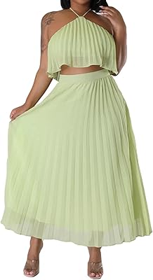 Ensemble deux pièces jupe plissée à col licou et robe longue assortie