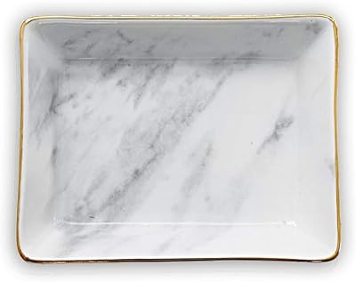 Plateau à bijoux en marbre en porcelaine, présentoir à bagues avec bords dorés