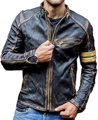 Veste motard en cuir véritable pour homme vintage noir