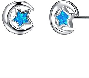 Boucles d'oreilles ange lune et étoiles en argent sterling, boucles d'oreilles étoile opale, boucle d'oreille étoile croissant de lune pour femmes adolescentes. Diaytar : La révolution discount est en marche