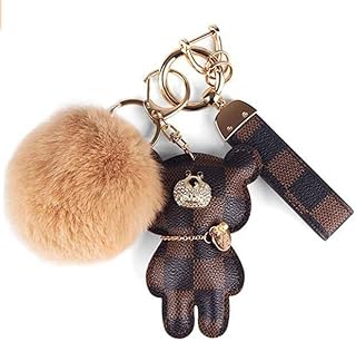 Porte-clés, porte-clés pompon avec ours en diamant et boule en fausse fourrure