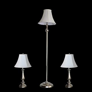 Ensemble de lampadaires (lampadaire + 2 lampes de table) - chrome avec abat-jour