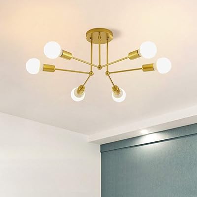 Lampes de plafond modernes jaycomey, 6 ampoules e27 base dorée spoutnik, plafonnier semi-brillant