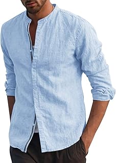 Chemises décontractées en lin à manches longues boutonnées et col mandarin pour hommes
