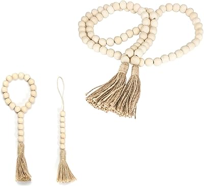 Couronne de perles en bois aureti avec frange 3 pièces, décoration d'intérieur moderne