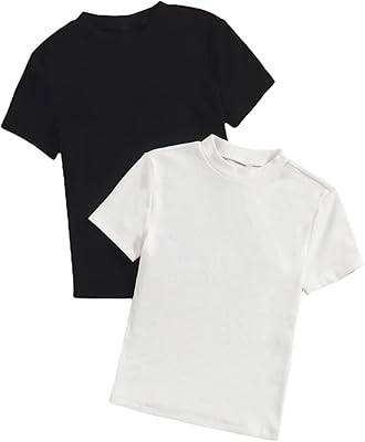 T-shirt basique deux pièces uni à manches courtes et col haut pour femme