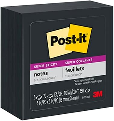Notes super autocollantes post-it, 3 x 3", 5 blocs, double bâton, noir (654-5sssc)