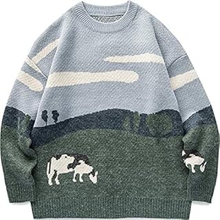 Pull tricoté surdimensionné pour hommes, motif vache à herbe vintage, manches longues, col