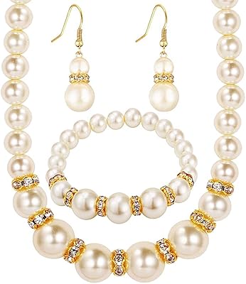 Parure de bijoux collier de perles, boucles d'oreilles et bracelet pour femmes filles pour mariage, anniversaire, noël, fête des mères, saint valentin, pierre, sans pierre gemme. Profitez des meilleurs deals du Sénégal sur Diaytar