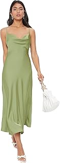 Robe midi à enfiler en satin de soie pour femme avec décolleté plongeant